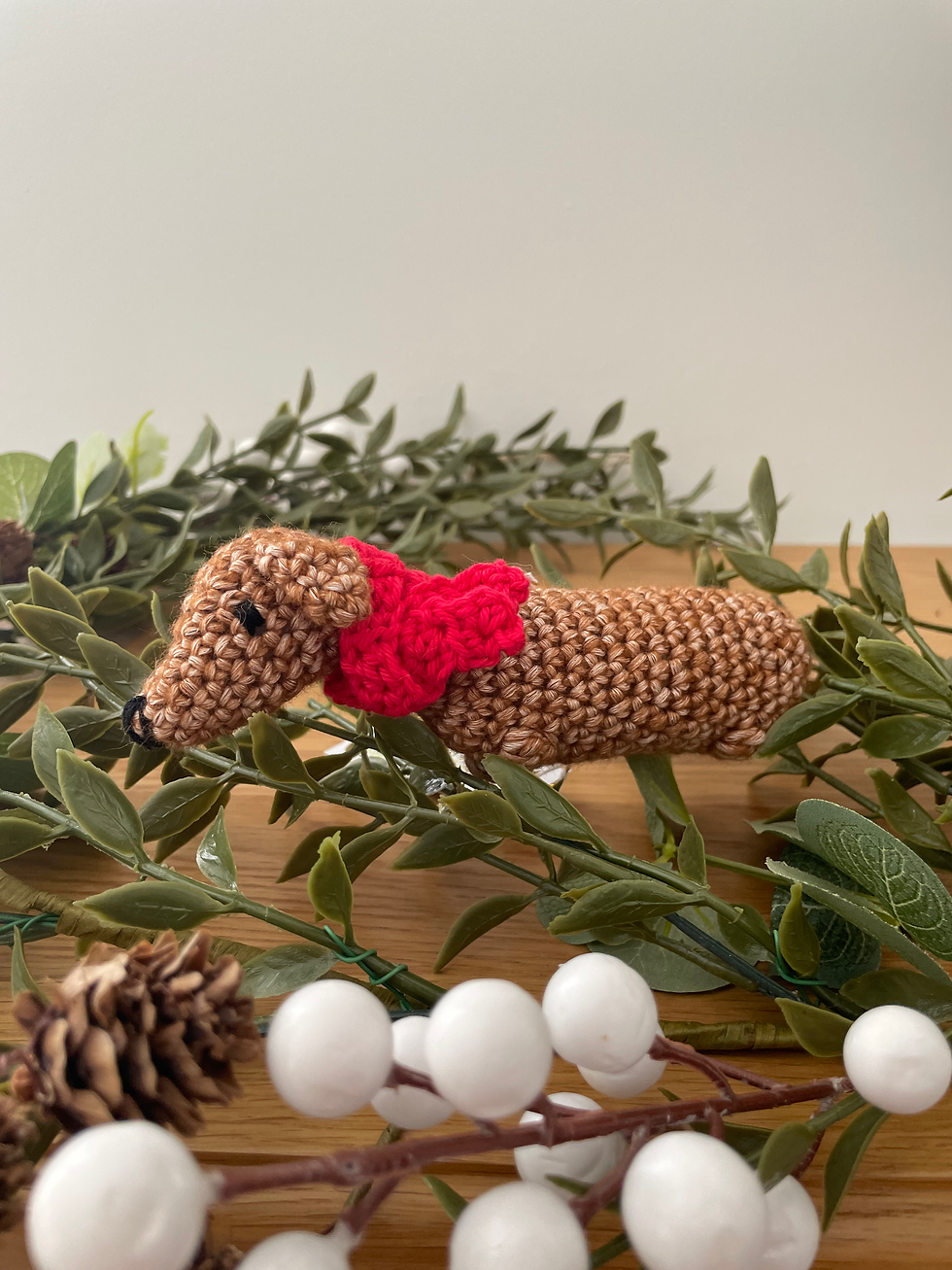 Crochet Christmas Sausage Dog in a Scarf Decoration