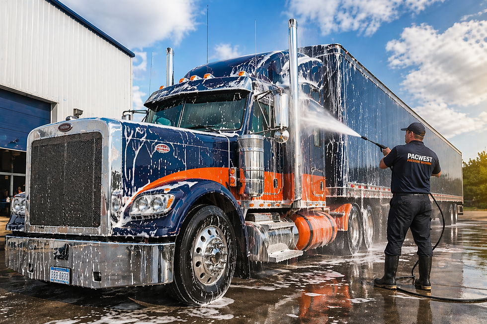 Semi truck being pressure washed onsite by a mobile technician, featuring navy and orange fleet colors, soap suds, and wet pavement reflections in an outdoor commercial setting.