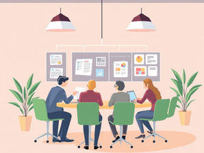 Illustration of people meeting, with documents on the walls