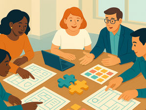 Cartoon people sitting around a table