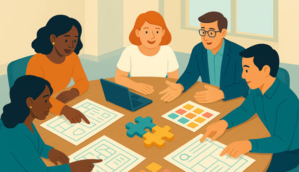 Cartoon people sitting around a table