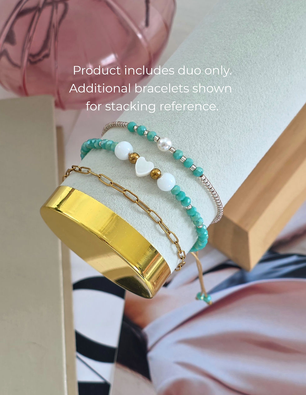 Thumbnail: Heart & Pearl Duo Bracelet Set (Turquois)