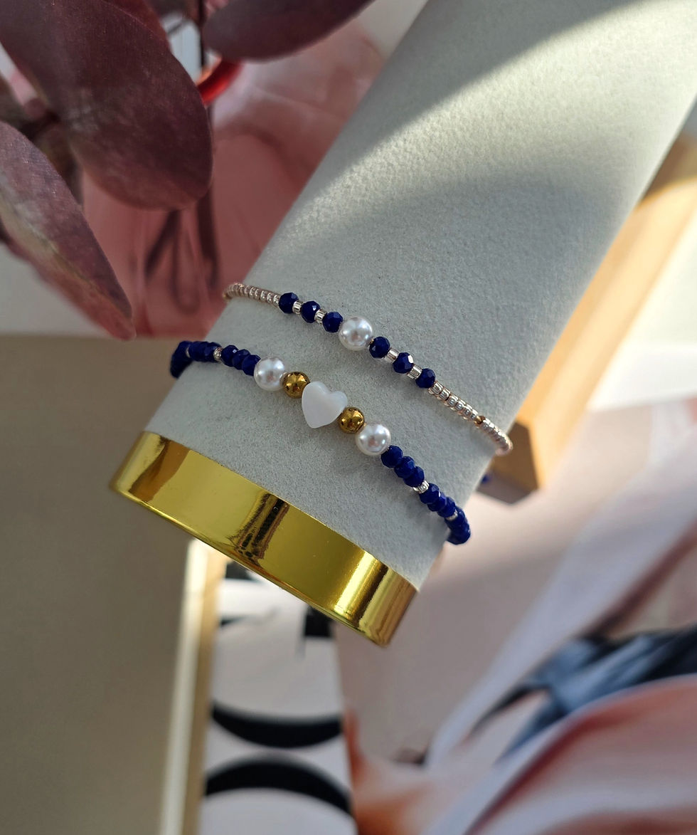 Thumbnail: Heart & Pearl Duo Bracelet Set (Deep Blue)