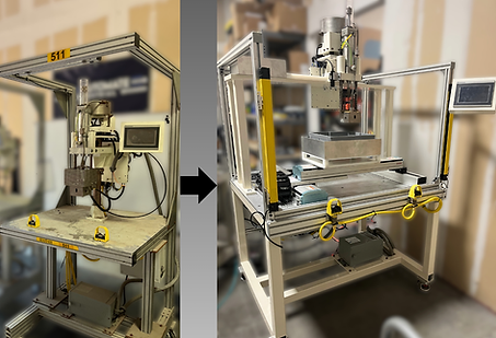 Before-and-after of retrofitted brass insert machine with Yamaha cartesian robot and vision system