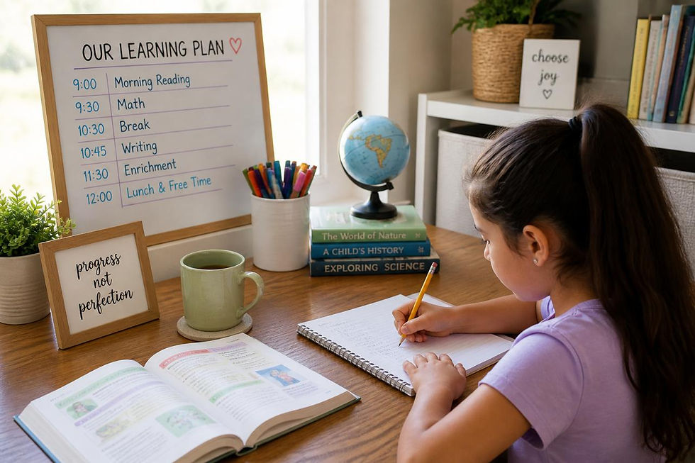 Girl writing at a desk with a learning plan on a whiteboard, books, globe, and motivational signs. The mood is focused and organized.