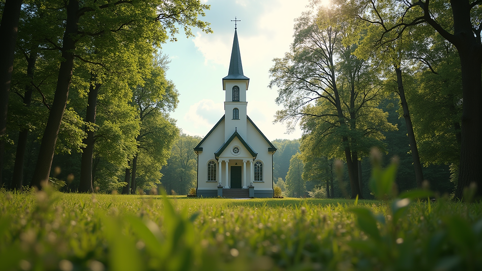 Eye-level view of the church surrounded by greenery