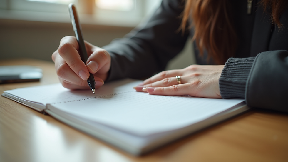 Eye-level view of a person writing goals in a notebook