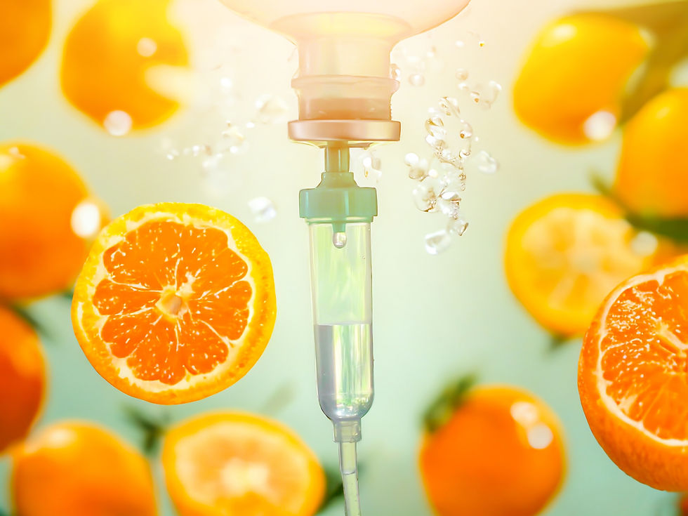 Darstellung einer Vitamininfusion mit der Abbildung eines Ausschnitts eines Infusionsbesteck und aufgeschnittenen Orangen