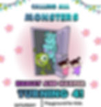 Monsters peek through a door with two kids. Pink flowers, playful mood, party invite.