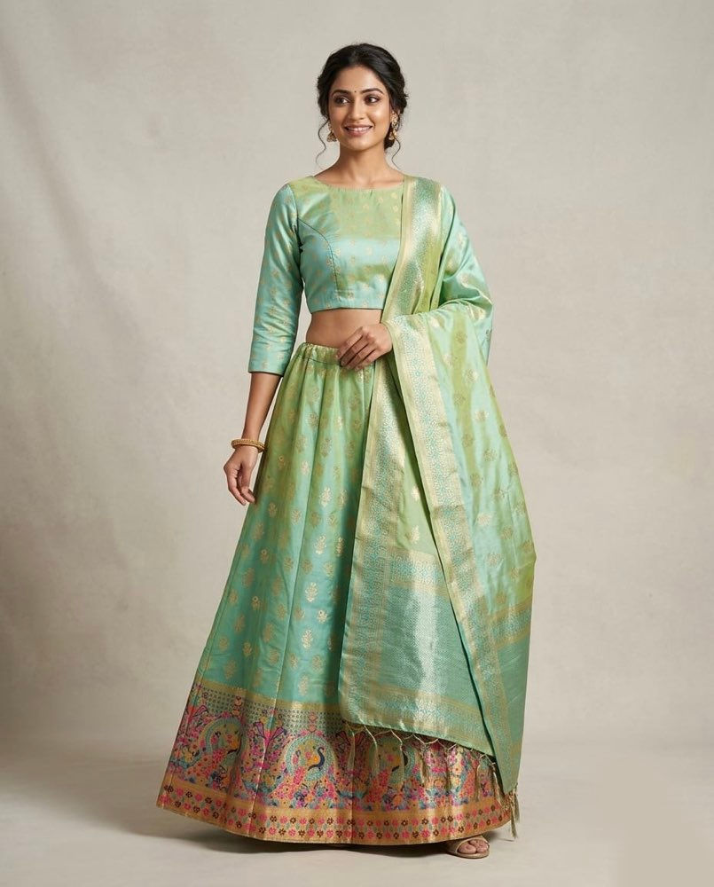 Green Raw Silk Lehenga