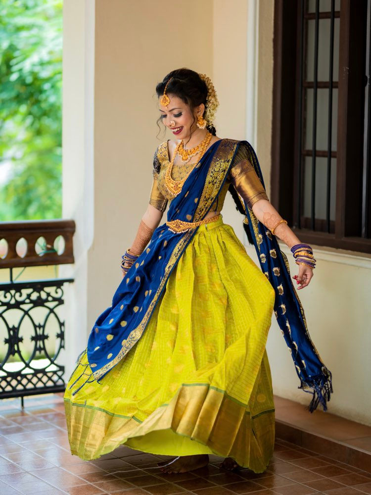 Lime - Blue Half Saree Lehenga