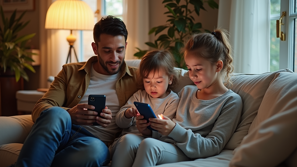 High angle view of a family using multiple devices at home