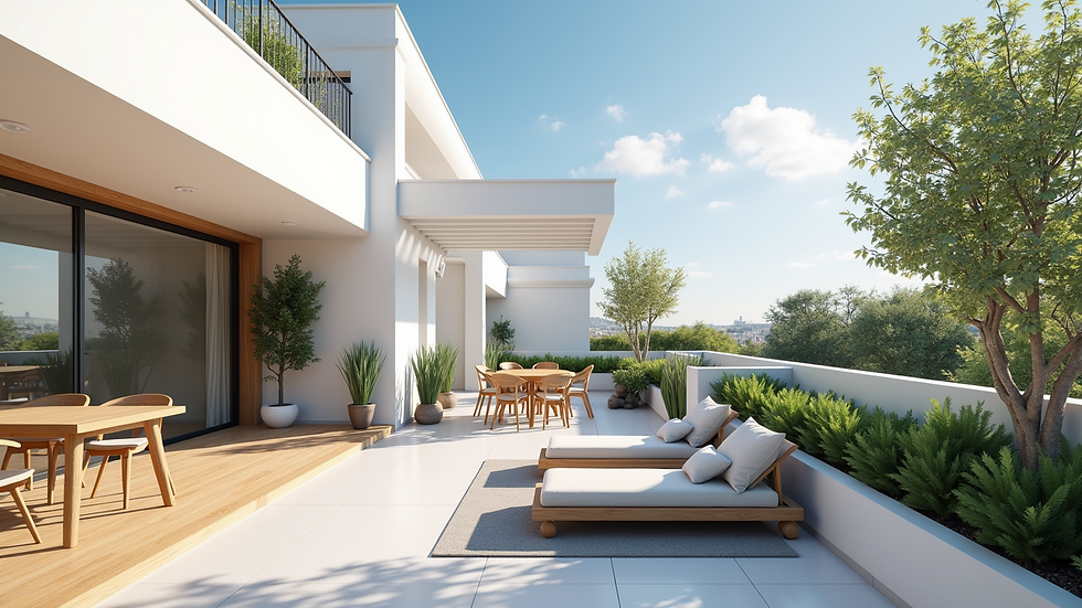 High angle view of a sunny Spanish terrace with plants and outdoor furniture