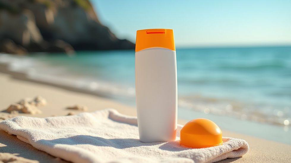 Close-up view of a sunscreen bottle on a beach towel