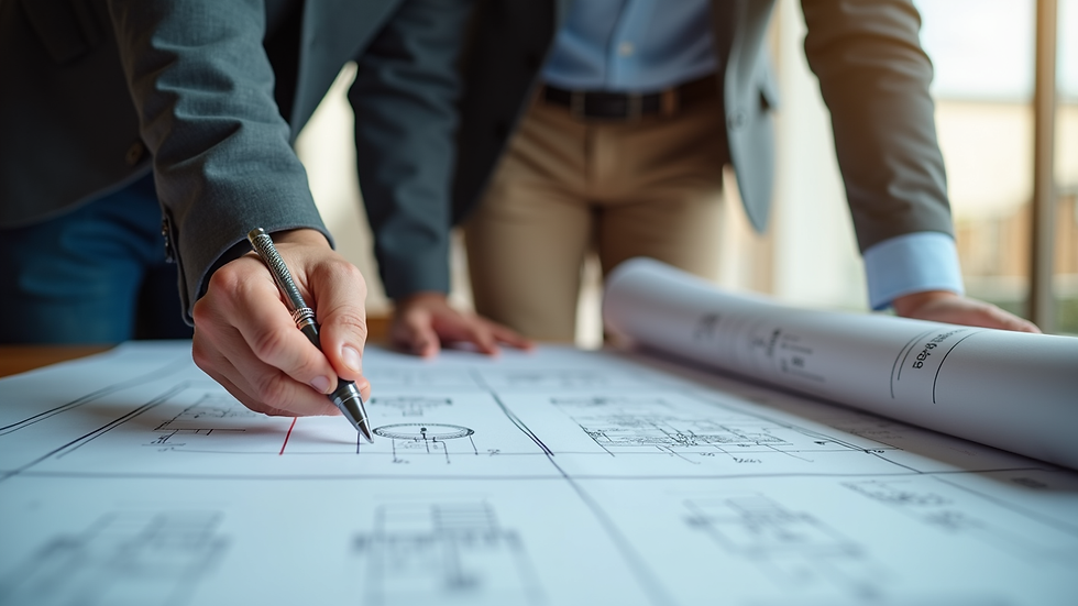 Close-up view of a contractor discussing plans with a client over blueprints