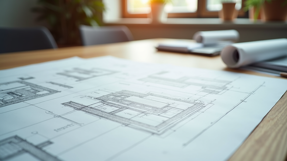 Close-up view of architectural blueprints and design sketches on a wooden table