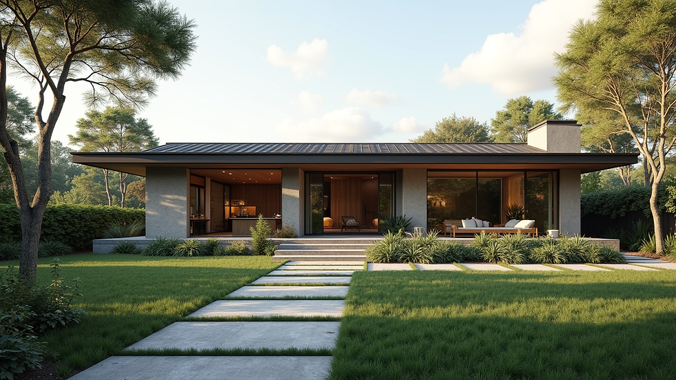 Wide angle view of a modern single-story custom home with a garden
