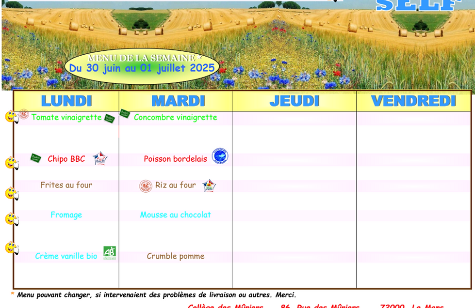 Menus de la semaine