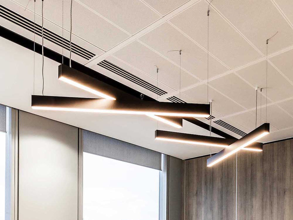 Selected lighting emulates and complements the building architecture.