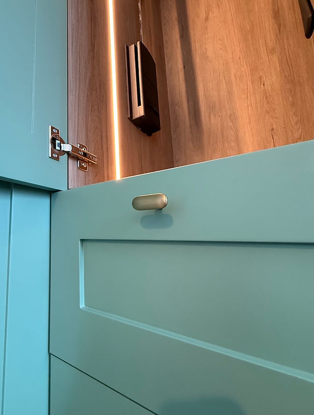 Close-up of open teal fitted cabinet door with gold handle.