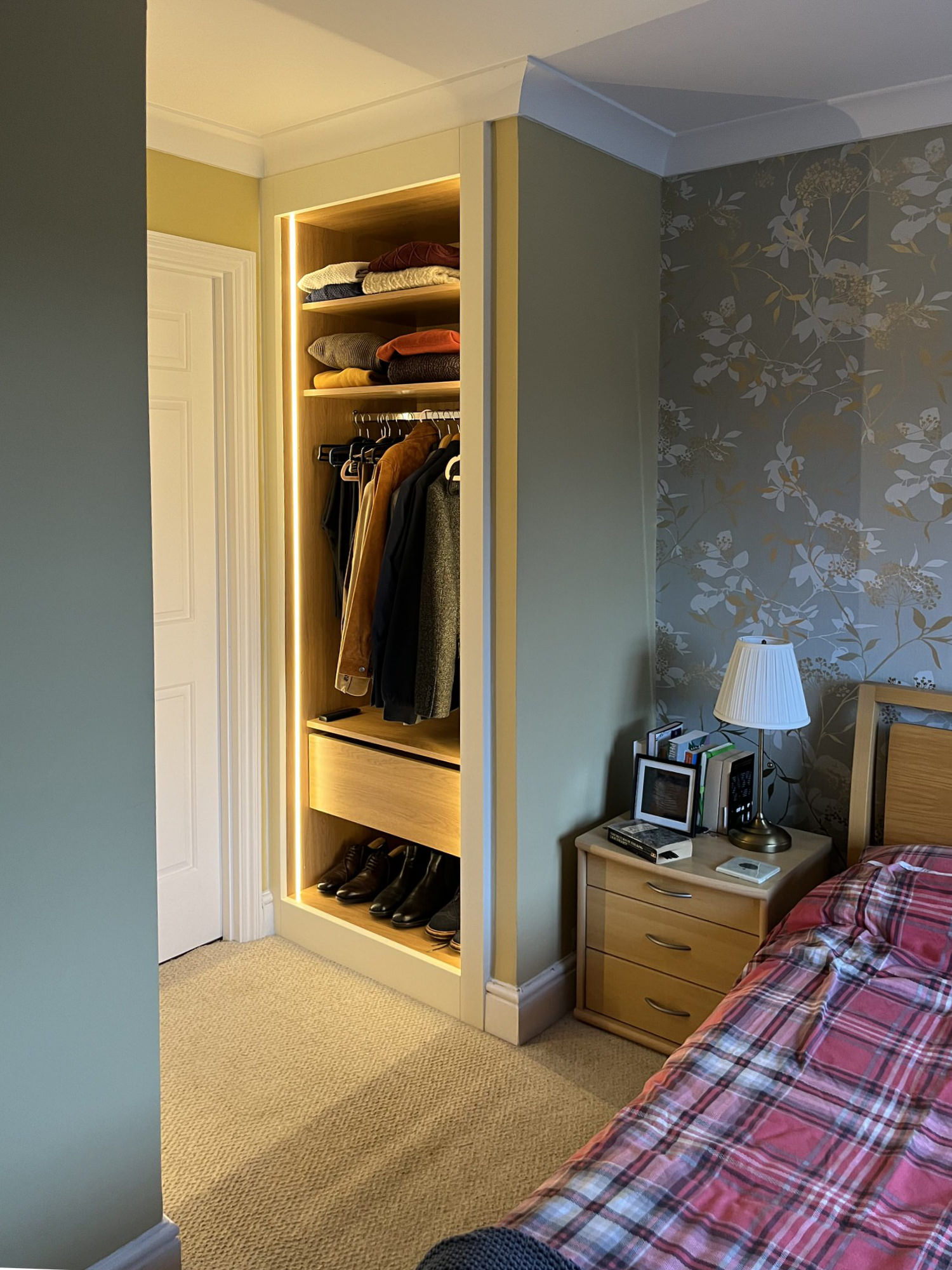 Open fitted wardrobes without doors with built in LED lighting
