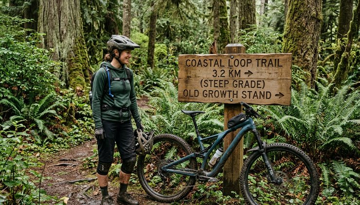 Eye-level view of a rider pausing beside a trail sign in a coastal forest.