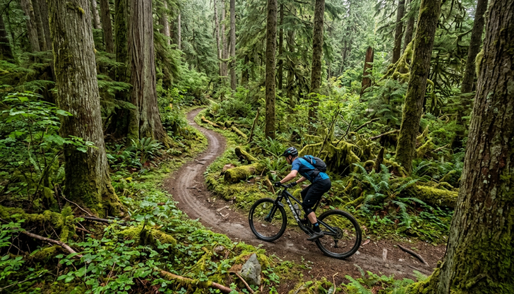 Wide-angle view of a forest mountain bike trail on the North Coast.
