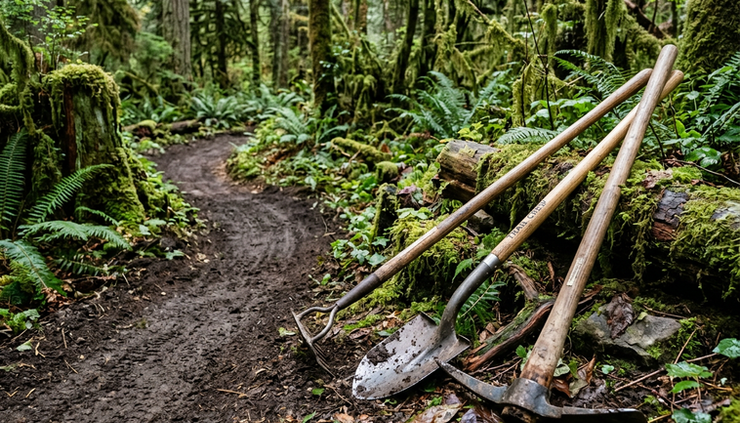 Close-up view of trail tools resting beside a freshly maintained dirt trail.