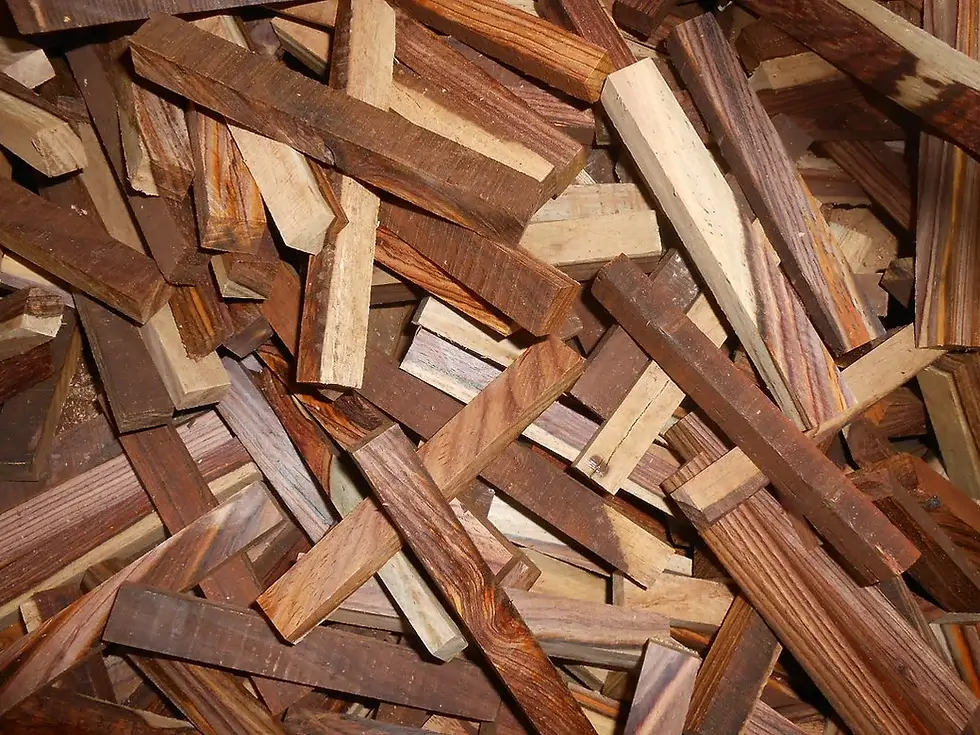 pile of tropical hardwood cocobolo pen blanks with whitewood