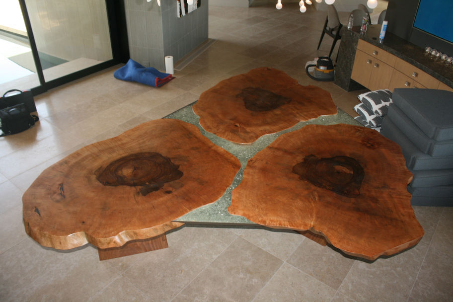 Large wooden table in a living room; 48" x 6" x 1/8" Teak Veneer Yacht Decking