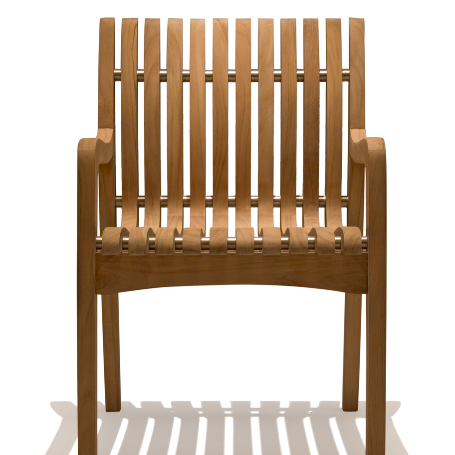 Wooden chair front view, with armrests. Diamond Tropical Hardwoods construction for seating.