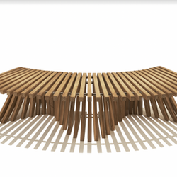 Modern wooden bench with unique slatted design, casting shadows, and Diamond Tropical Hardwoods