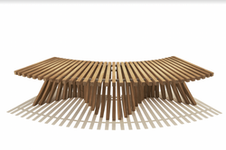 Modern wooden bench with unique slatted design, casting shadows, and Diamond Tropical Hardwoods