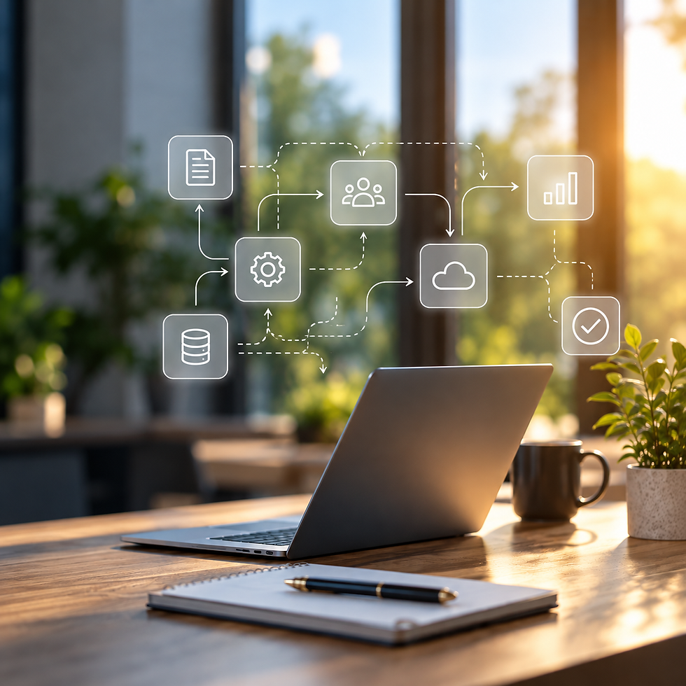 Modern workspace with laptop and interconnected digital workflow icons representing busine
