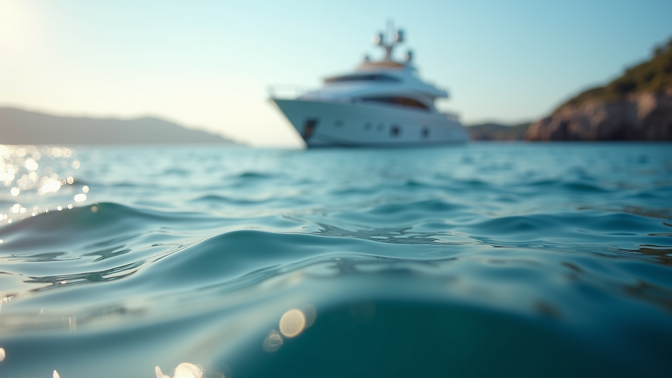 Close-up view of a serene sea with a luxury yacht in the distance