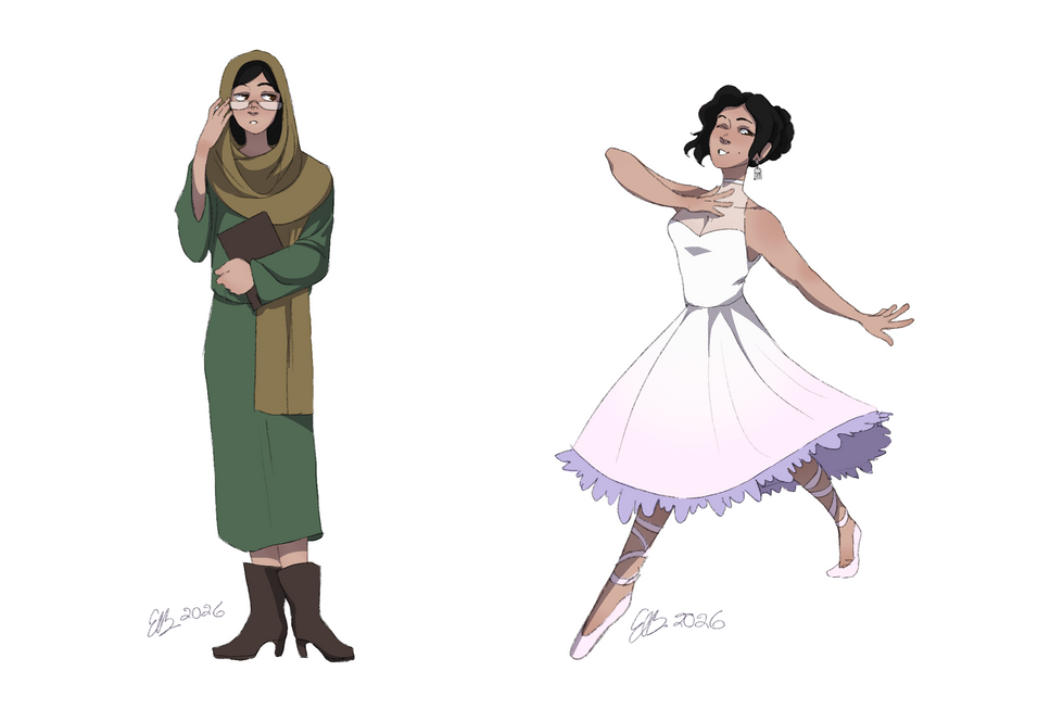 Camille in her ballet dress for swan lake mid dance, winking at the camera.
and
Fatimah, the Khan matriarch, fixing her glasses and holding a book in her free hand.