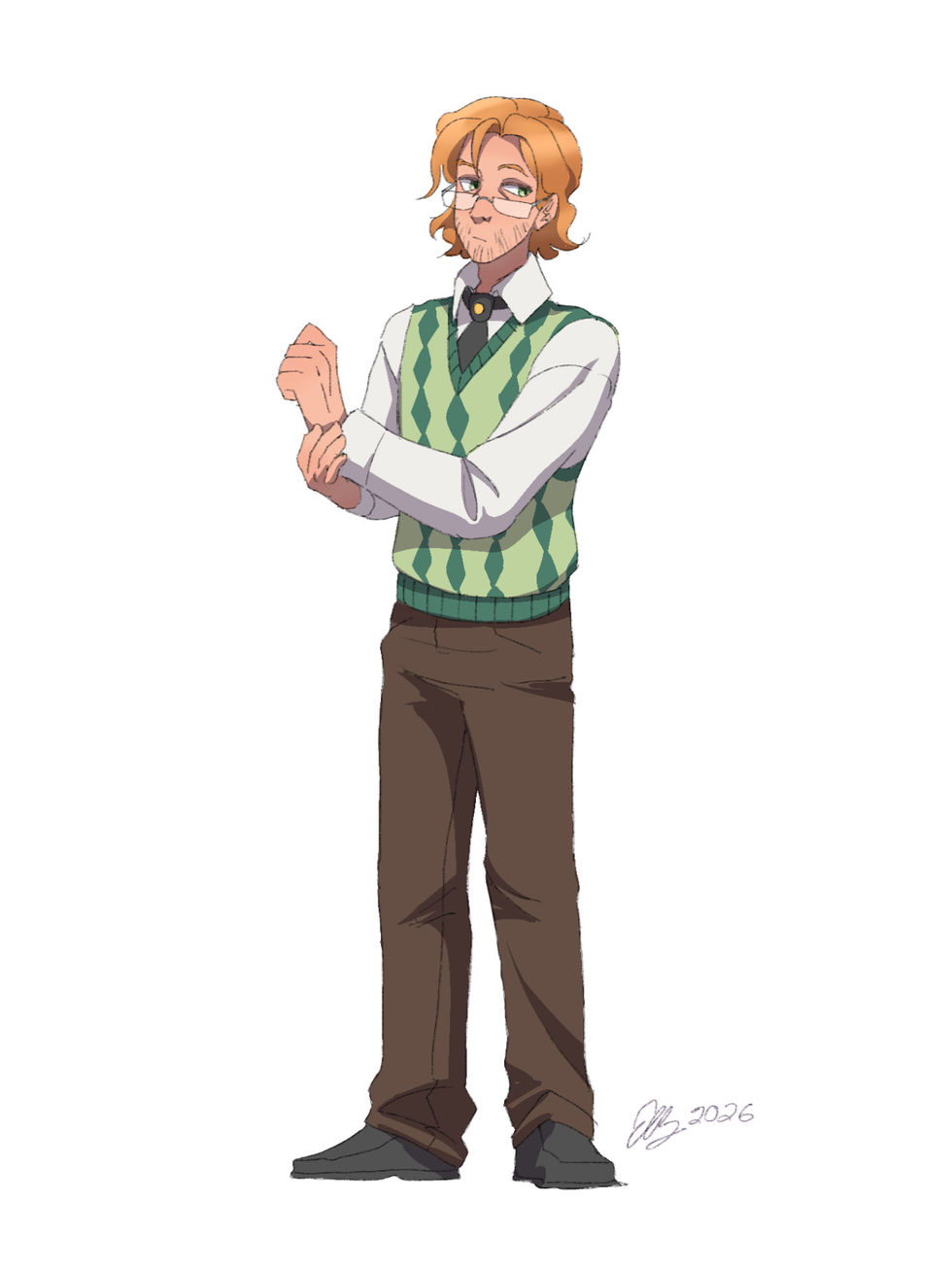 Gauvain de Chagney, the young proper red head, fixing fixing his cufflinks as he judges something off camera.