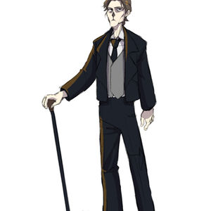 Erik, aka the Phantom of the Opera, glaring at the camera without his mask and leaning on his cane. Wearing a suit and tie that barely avoids dwarfing his skeletal form.

