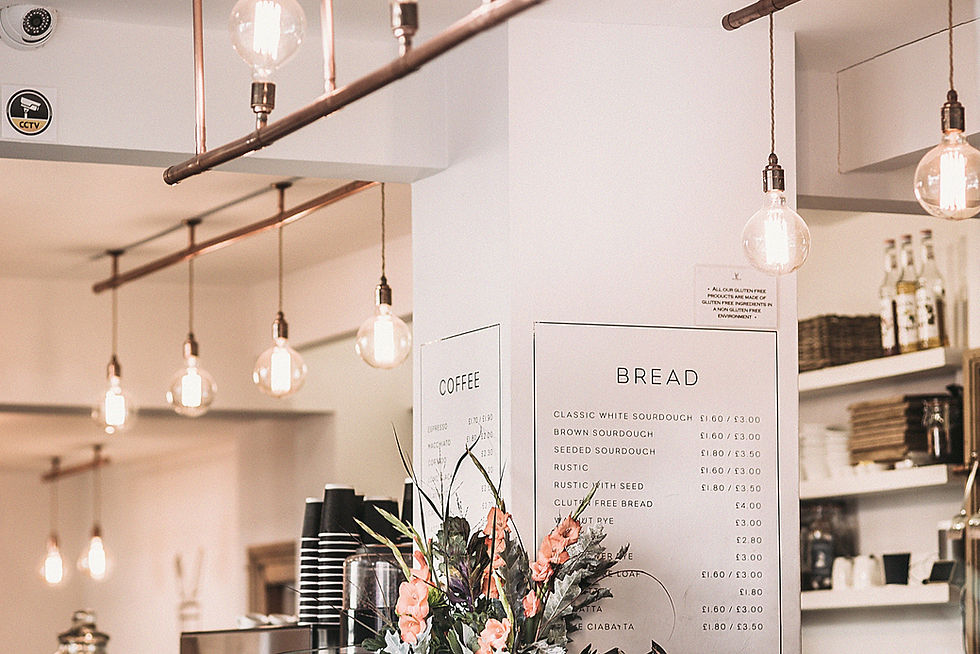 Pendant lighting and electrical installations in a modern commercial cafe