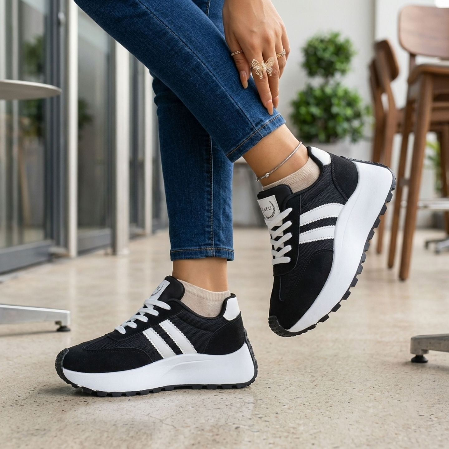 Siyah Beyaz Süet Kadın Sneaker | Günlük Rahat & Kalın Taban Spor Ayakkabı