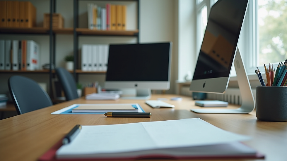 Eye-level view of a neat workspace with organized files and a computer