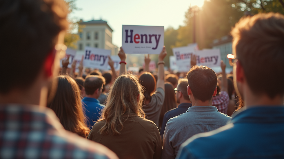 Eye-level view of a vibrant community gathering in support of Henry's campaign