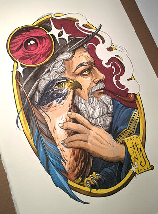 Wizard & Falcon painting on paper