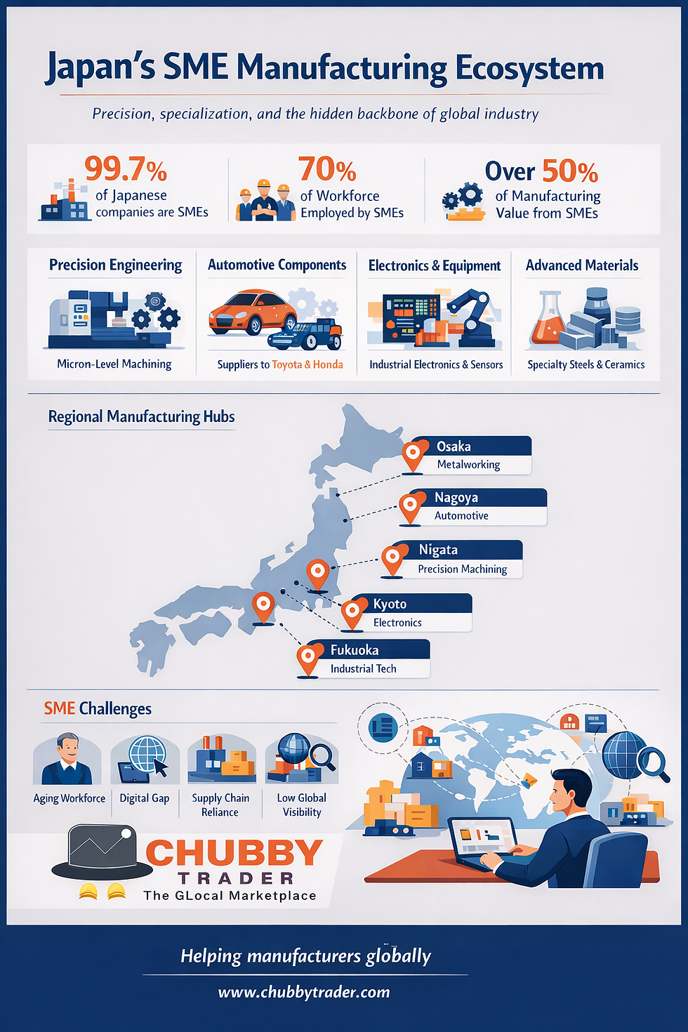 Japan’s small and medium manufacturers form the backbone of global supply chains, specializing in precision engineering, industrial components, and advanced materials. Discover how Japanese SMEs shape modern manufacturing.