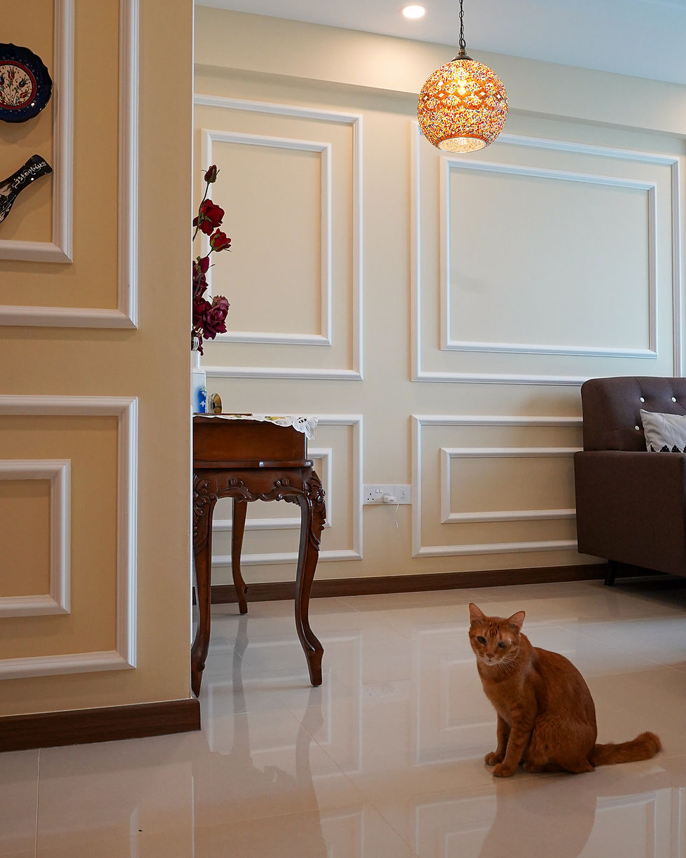 High angle view of a cozy and elegant HDB living room with built-in storage