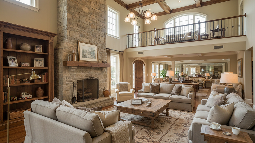 Eye-level view of a living room with neutral tones and elegant lighting