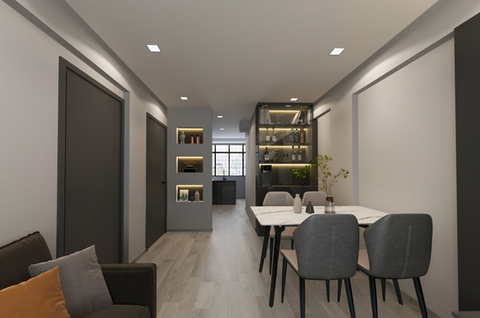 Minimalist grey toned BTO kitchen and living area designed by Meng Design