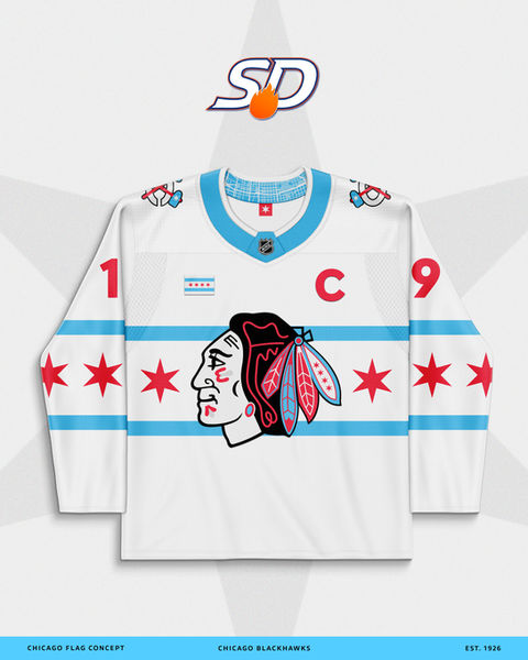 A Chicago flag hockey jersey concept design for the Chicago Blackhawks 