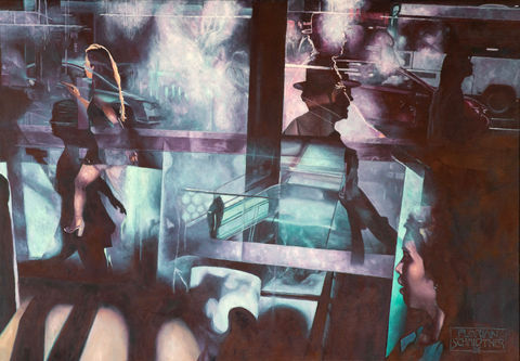 Oil painting "Meeting Shadows" by Florian Schmidtner depicting urban window reflections, figures, and overlapping shadows on canvas, 100x70 cm.