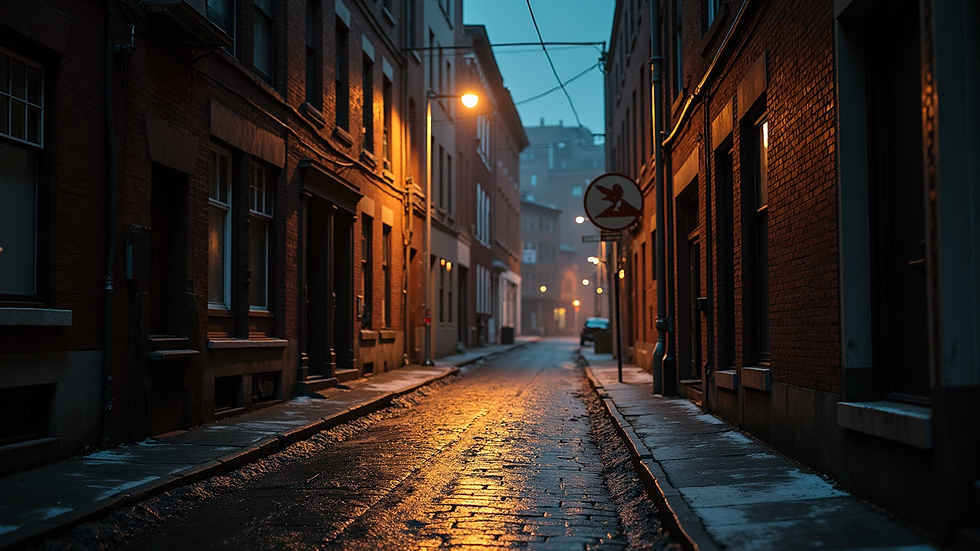 Vue en plongée d’une rue enneigée du Vieux-Montréal avec des lampadaires illuminés